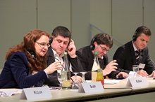 Gerlinde Sauer, Geschäftsführerin der AG Agrarwirtschaft im Ost-Ausschuss,  Maxim Burbak, Vorsitzender des Ersten Agrarclusters, Tobias Eisenring, FiBL, Ivan Tomenko, Agropole.