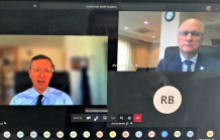 Video-Konferenz mit der kasachischen Regierung: Rechts oben im Bild ist Vize-Premierminister Roman Sklyar, im Gespräch mit Michael Harms. Foto: Eduard Kinsbruner