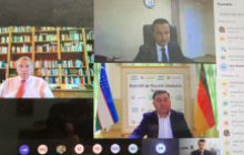 Im Chat: Unten: Klaus Mangold, OA; oben rechts: Vize-Minister Laziz Kudratov; unten rechts: Botschafter Nabijon Kasimov